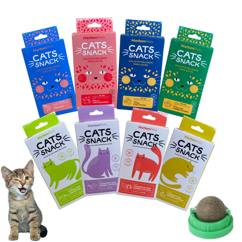 Pack 8 Cats Snack Nuevos Sabores + Pelotita Catnip