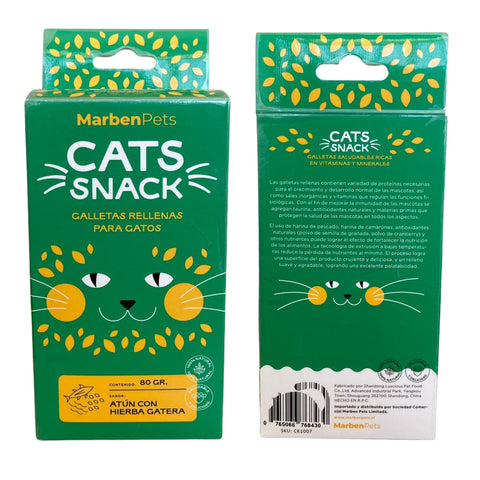 Nueva Galleta Cats Snack Rellenas Sabor Atún con Hierba Gatera 80 Gr